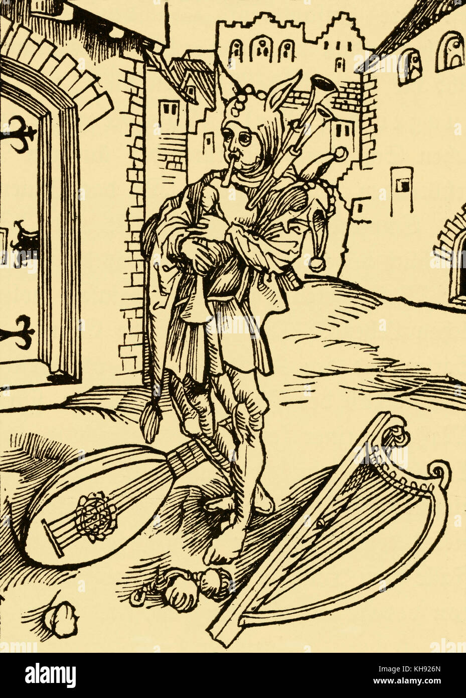 Narr Dudelsack zu spielen - von der Holzschnitt in Sebastian Brant das Narrenschiff'' ('Ship of Fools'). 1494. Bildunterschrift: "Ich unsträflich dünken' ('[sie] sich untadelig"). Stockfoto