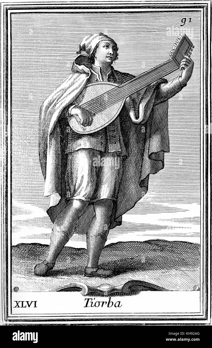 Laute/tiorba. Herkunft Arabischen instrument Abbildung von Filippo Bonanni's 'Gabinetto Armonico" im Jahre 1723 veröffentlicht, Illustration 46 Tiorba Stockfoto