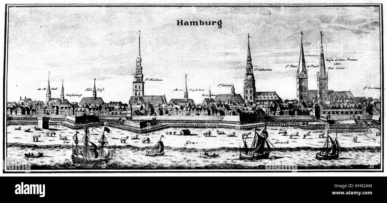 Hamburg, Deutschland. Karte der Stadt. Johann Sebastian Bach in Verbindung. (Anfang 18. Jahrhundert?). JSB: Deutscher Komponist und Organist, 21. März 1685 - vom 28. Juli 1750 Stockfoto