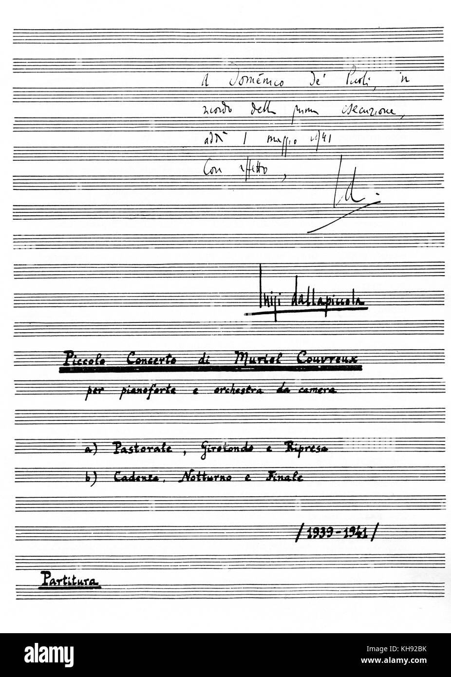 Luigi Dallapiccola's Piccolo Concerto per Muriel Couvreux per pianoforte e orchestra da Camera, 1939 - 1941. Kerbe. In Mailand, 1941 veröffentlicht. LG: Italienischer Komponist, 3. Februar 1904 - vom 19. Februar 1975 Stockfoto
