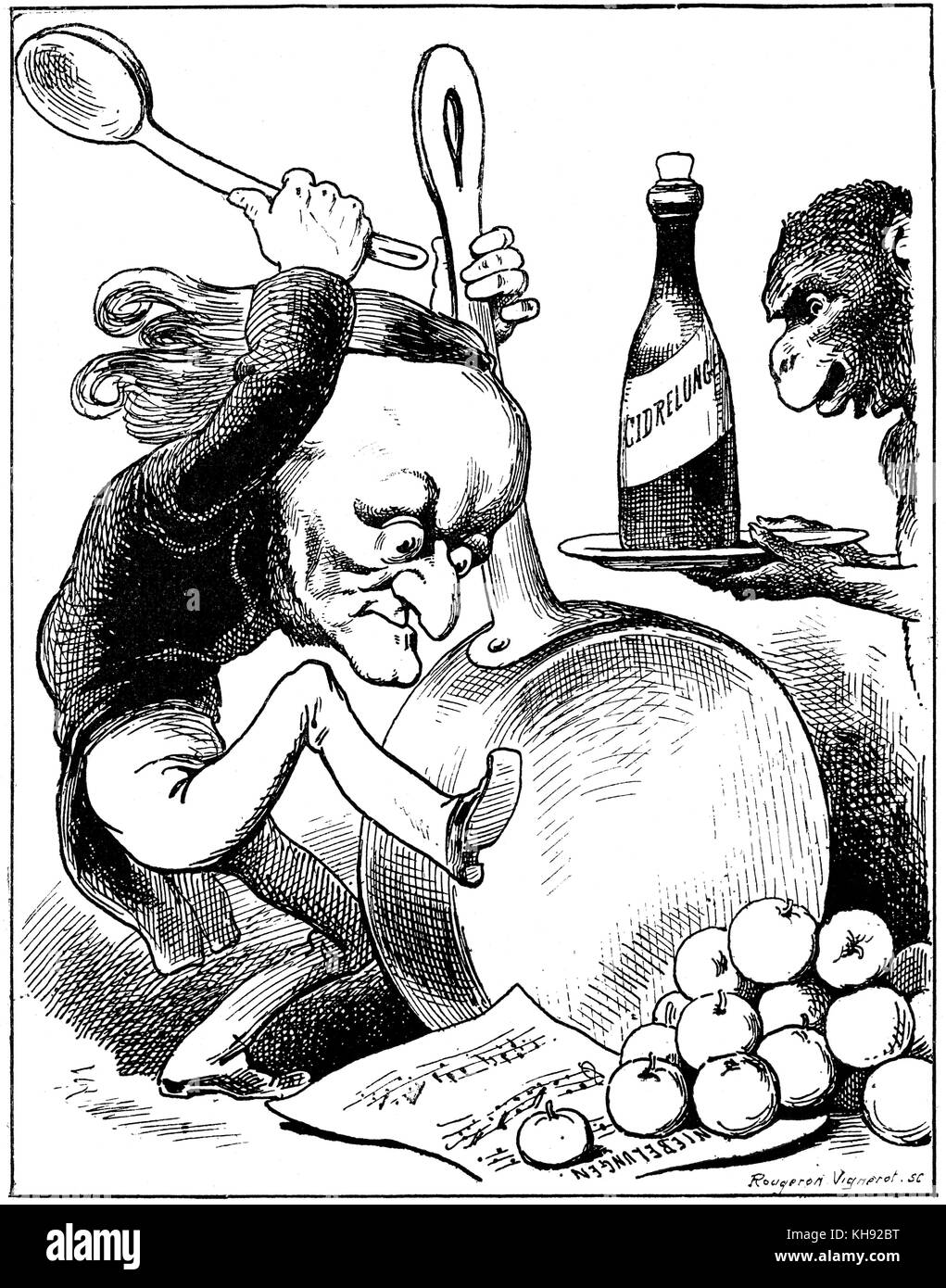 Wagner der Tetralogue - Karikatur von André Gill gestochen von rougeron Vignerot. Ein Schimpanse präsentiert Wette eine Flasche mit "Cidrelungen' geschrieben auf dem Etikett (Verweis auf Nieleungen) Zyklus von Opern. Es schlägt vor, daß er in der Lage gewesen ist, den französischen Geschmack für 'l'art du Cri-cri' und die Vergabe selbst alle Äpfel von Frankreich zu überwinden. Stockfoto