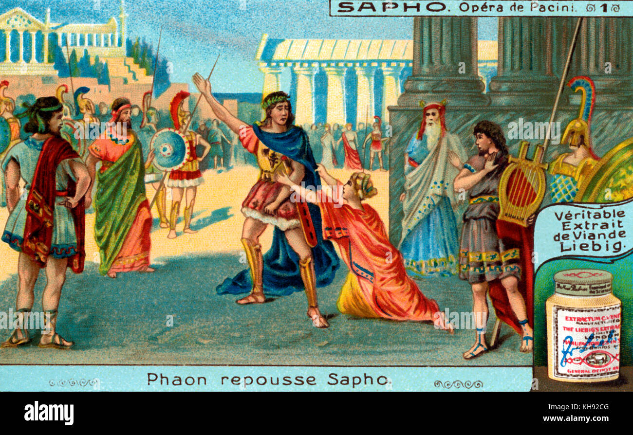 Saffò: Oper von Giovanni Pacini. Faone denunzieren Saffo für die Bevorzugung der Dichter Alceo zu sich selber. Der Priester Alcandro Faone des Verrats Sappho ist als ein Akt der Rache für ihren Protest wieder die Leucadian Sprung überzeugt hat. Sie glaubt, dass Apollo speichern sollten diejenigen, die springen. Oper uraufgeführt am Teatro San Carlo in Neapel, am 29. November 1840. Libretto von Salvadore Cammarano, basierend auf einem Theaterstück von Franz Grillparzer, der Legende nach der antiken griechischen Dichterin Sappho. Abbildung auf Liebig Collectible card. 1921. GP: Italienischer Komponist, 17. Februar 1796 - vom 6. Dezember 1867. Stockfoto