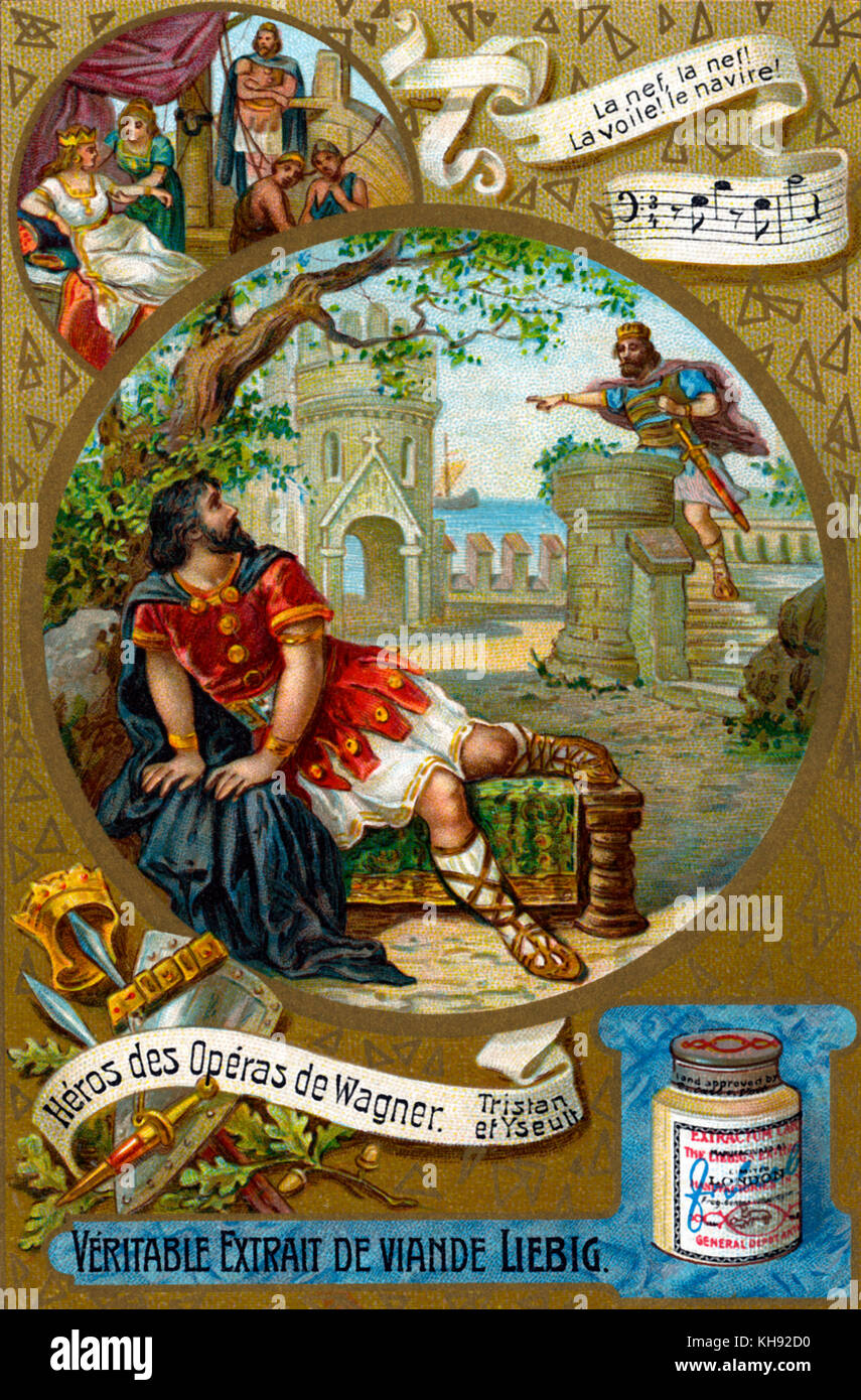 Tristan und Isolde. Zeichen in der Oper von Richard Wagner. Abbildung auf Liebig Karte, 1906. Titel der Serie: "Helden von Wagners Opern' ('Héros de Opéras de Wagner"). RW: deutsche Komponist & Autor, 22. Mai 1813 - vom 13. Februar 1883. Stockfoto