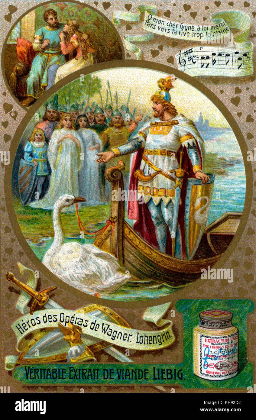 Lohengrin-Charakter aus der gleichnamigen Oper von Richard Wagner. Abbildung auf Liebig Karte, 1906. Titel der Serie: "Helden von Wagners Opern' ('Héros de Opéras de Wagner"). RW: deutsche Komponist & Autor, 22. Mai 1813 - vom 13. Februar 1883. Stockfoto