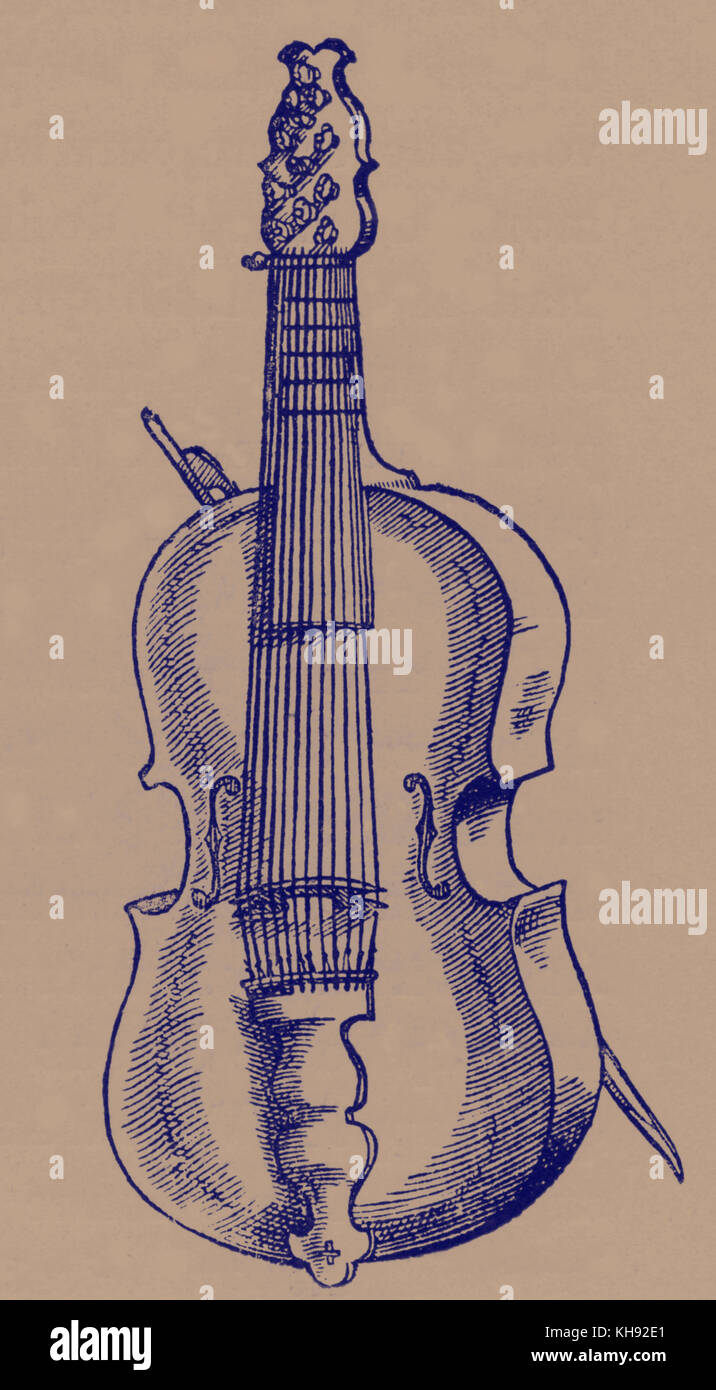 Lyra viol mit zwölf Saiten (Französisch: Lyra eine Gambe). Zwei bourdons  (Bass Strings). Nach dem 17. Jahrhundert Zeichnung von Praetorius  Stockfotografie - Alamy