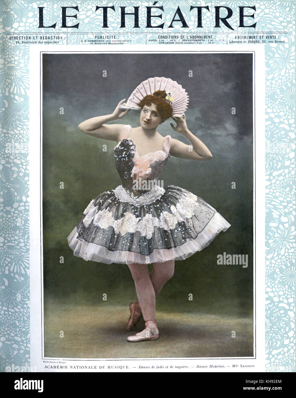 Emma Sandrini in 'Danse de Jadis et de naguère'. Bei "Académie Nationale de Musique, Paris, Frankreich, 1901 durchgeführt. Abdeckung von Le Théatre, Juli 1901. Unter der Regie von Joseph Hansen (Belgische Tänzer und Choreograf, 1842 - 1907). Stockfoto