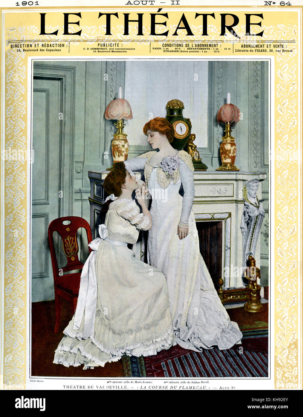 'La Kurs du Flambeau" - Spiel durch Paul Hervieu. Premiere im Théâtre du Vaudeville, Paris, Frankreich, 1901. Mit "La Course du Flambeau'-Spielen von Jeanne Bernou als Marie-Jeanne und Mme. Réjane als Sabine Schwelgen. Abdeckung an der Vorderseite von Le Theater, August 2011. Stockfoto