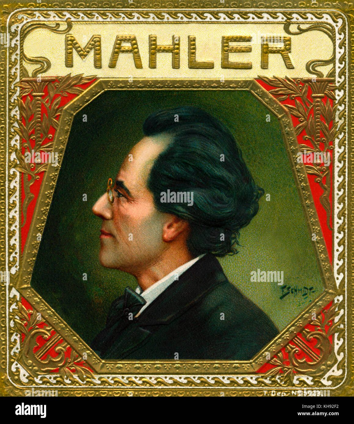 Gustav Mahler illustrierte Portrait auf cigarbox Label. In Mahlers Leben und ein Maß seines Ruhmes so weit entfernt wie Kuba produziert. Österreichischen Komponisten, den 7. Juli 1860 bis 18. Mai 1911 Stockfoto