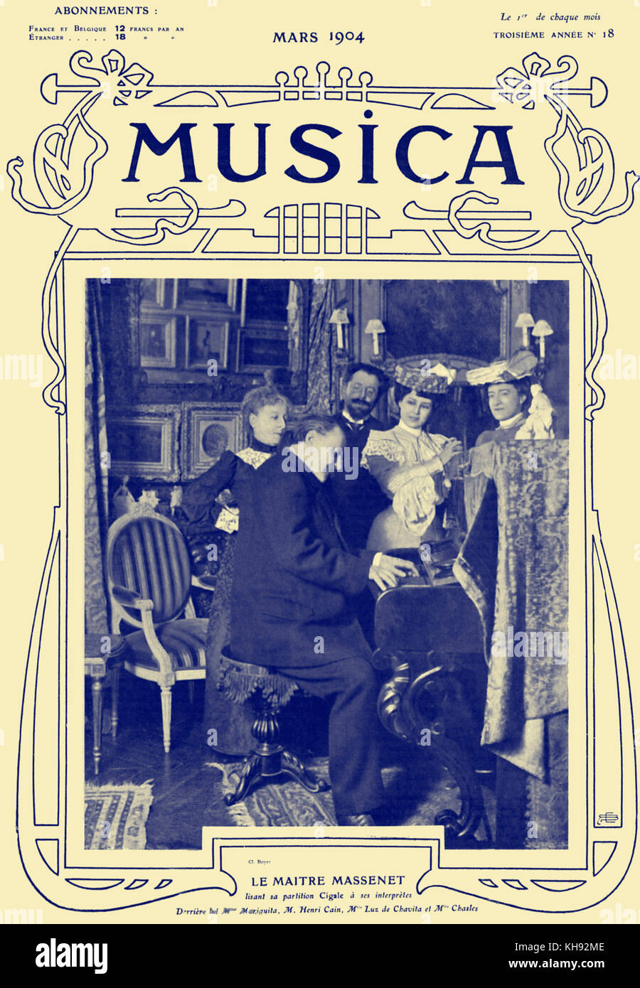 Jules Massenet am Klavier - lesen Cigale. Hinter ihm, Mme. Mariquita, Henri Cain, Luz de Chavita, Mme. Chasles. C. in 1904. JM: der französische Komponist, 12. Mai 1842 - 13. August 1912. HC: französischer Dramatiker, Oper und Ballet Librettist, 11. Oktober 1857 und dem 21. November 1937. Stockfoto