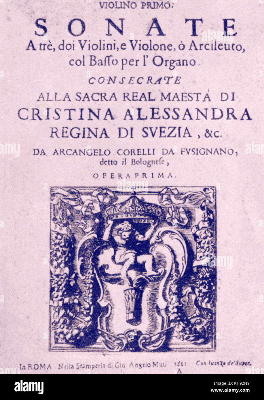 Arcangelo Corelli - Titelseite des italienischen Komponisten der "Trio Sonaten, op.1, Rom 1681. 17 Februar 1653 - 8. Januar 1713. Stockfoto