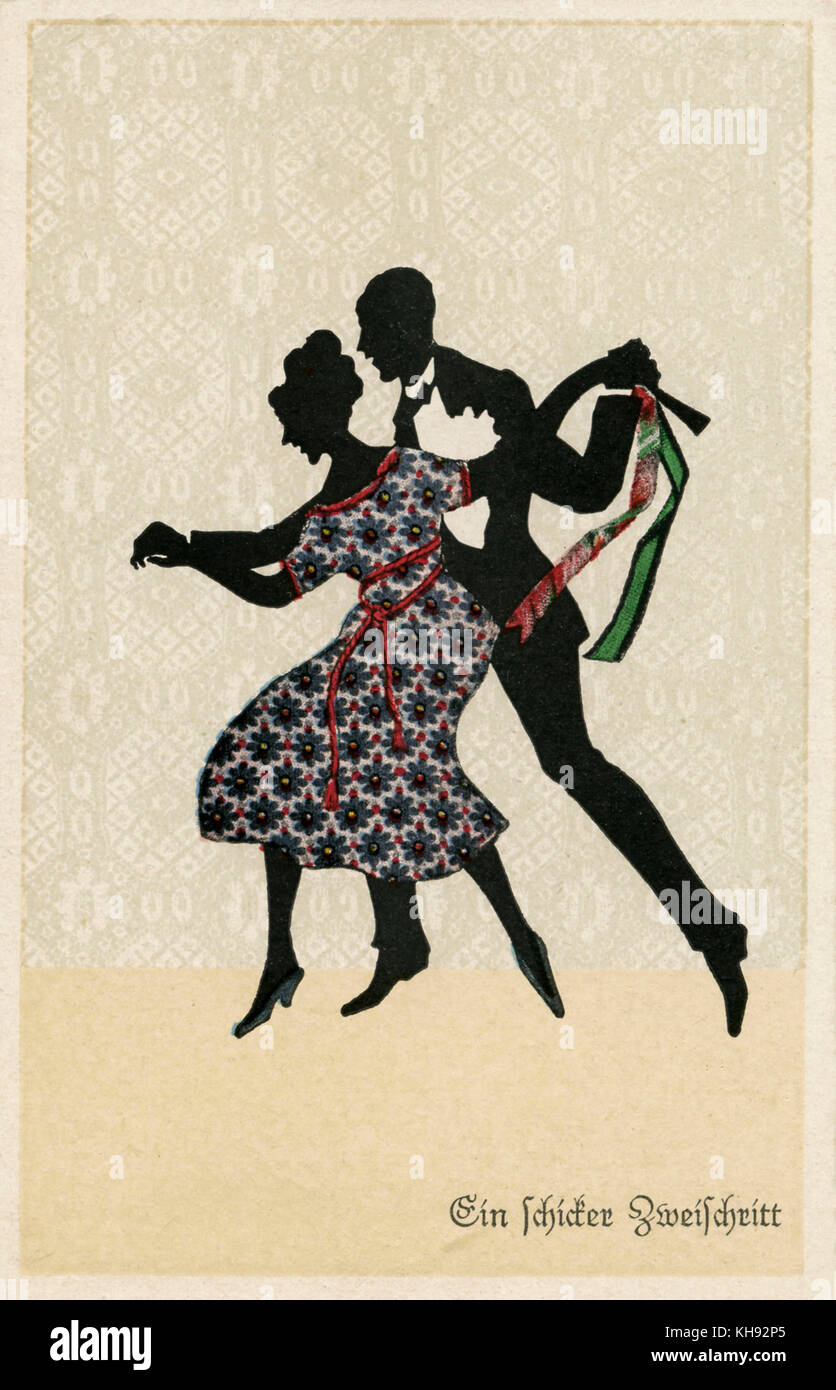 Paar tanzen ein zwei-schritt-Abbildung. Silhouette am Deutschen Postkarte. Titel: 'Ein schicker Zweischritt '[' ein elegantes 2-Schritt". Im frühen 20. Jahrhundert Stockfoto