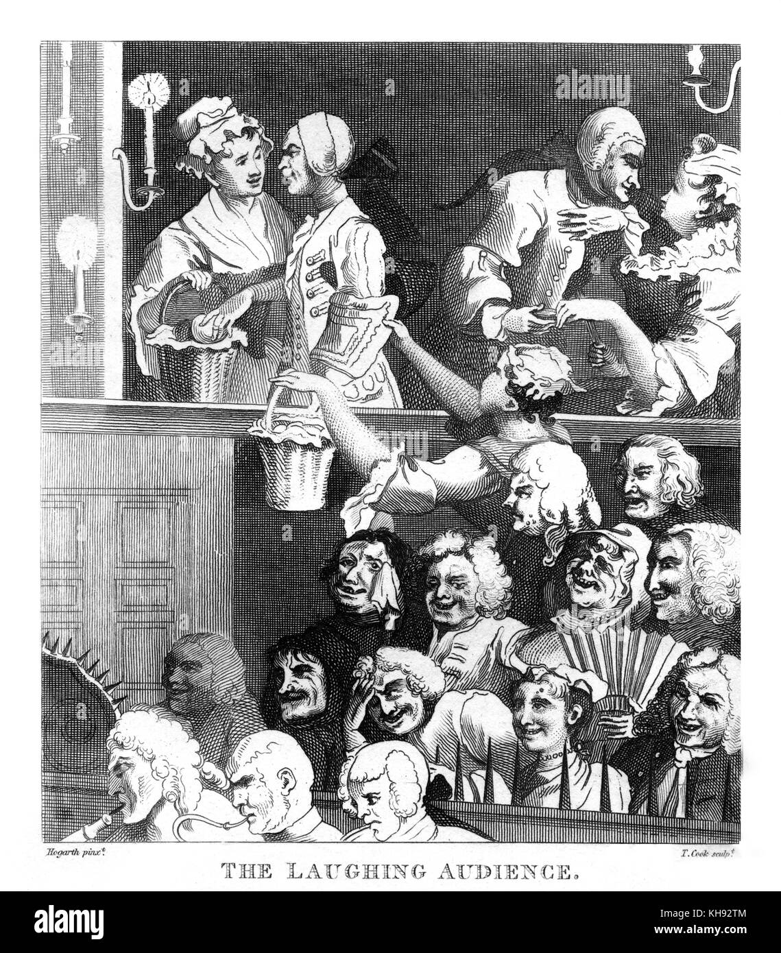 "Der Lachende Publikum" von William Hogarth, 1733. Ursprünglich als "Freut sich Publikum an einem Play". Publikum genießen Leistung am Theater, Paare flirten, das Publikum begeistert. Stockfoto