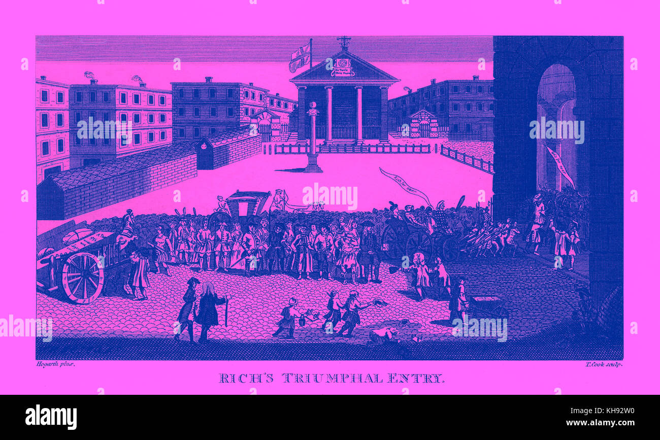 'Rich's Glory' - Zeichnung von William Hogarth. Von T.Koch eingraviert. John Rich's triumphalen Einzug an der Londoner Covent Garden Opera Website, 1729. Auch als "Reich der Herrlichkeit" bekannt. Erste Haus geöffnet 7. Dez 1732. Royal Patent zu John Rich von seinem Vater Christopher. (Covent Garden Opera House bekannt als Theatre Royal, weil dieser). Großer Erfolg der Gay Beggars Opera in Lincoln's Inn Fields gab genug Geld erste Covent Garden Theater zu bauen. Stockfoto