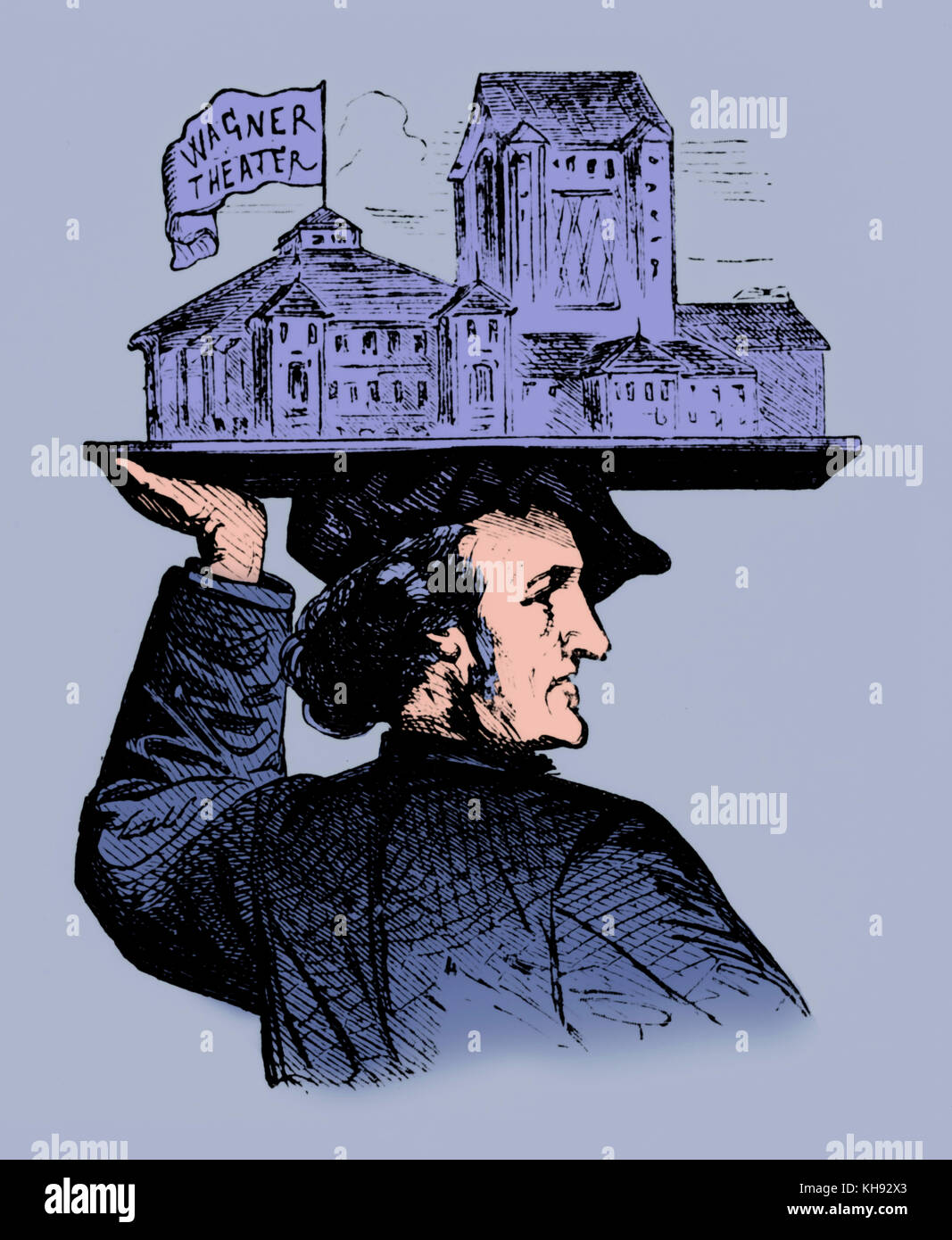 Wagner, Richard - Karikatur der Plan für Festspielhaus Bayreuth in seinem Kopf. Stockfoto