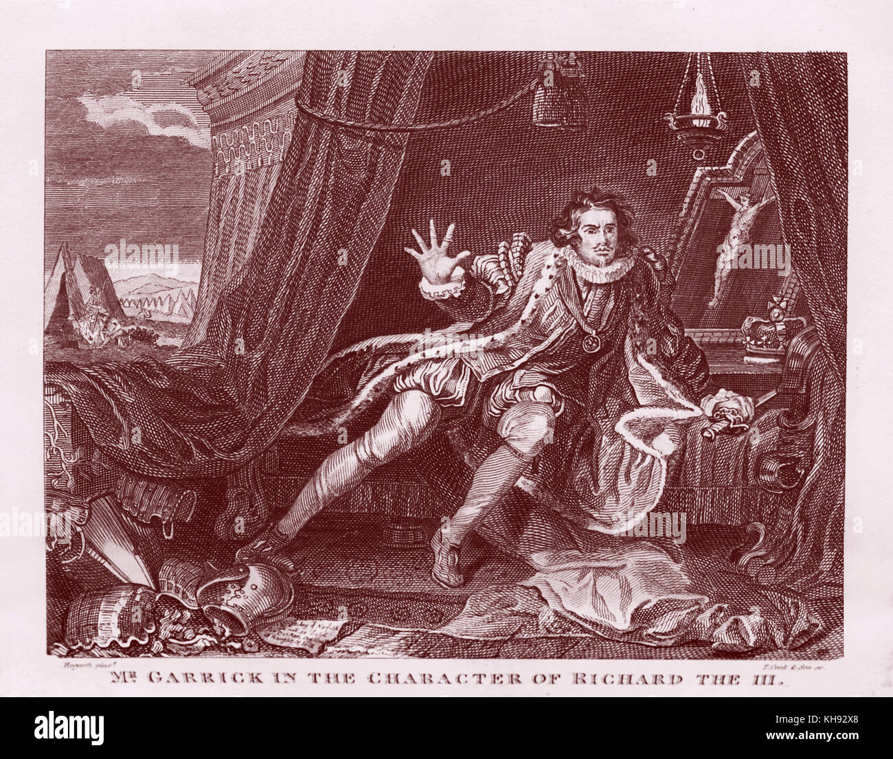 David Garrick als Richard III. von William Shakespeare (Spielen). Abbildung nach Hogarth. Englischer Schauspieler, Dramatiker, Theaterdirektor und Produzent, 19. Februar 1717 - 20. Januar 1779. Stockfoto