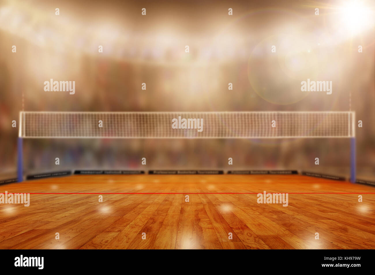 Low Angle View von fiktiven volleyball Arena mit Sport Fans auf den Tribünen und Kopieren. Konzentrieren Sie sich auf den Vordergrund mit gezielten flachen Tiefe von Fiel Stockfoto
