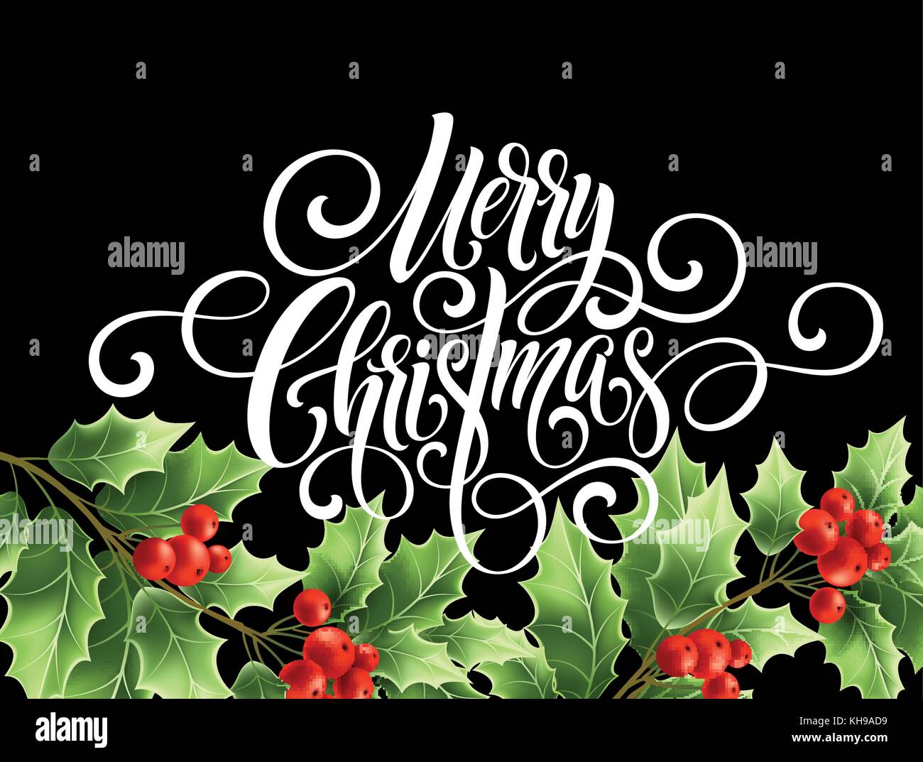 Frohe Weihnachten Handschrift Schrift Schriftzug. Weihnachtskarte mit Stechpalme. Vektorgrafik Stock Vektor