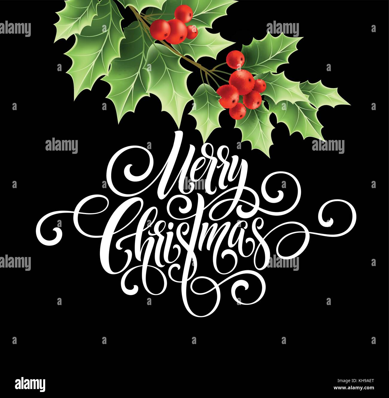 Frohe Weihnachten Handschrift Schrift Schriftzug. Weihnachtskarte mit Stechpalme. Vektorgrafik Stock Vektor