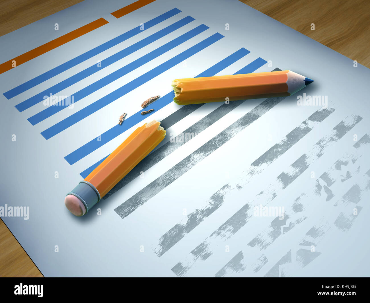 Gebrochenen Bleistift auf einem Blatt Papier gedruckt. 3D-Darstellung. Stockfoto