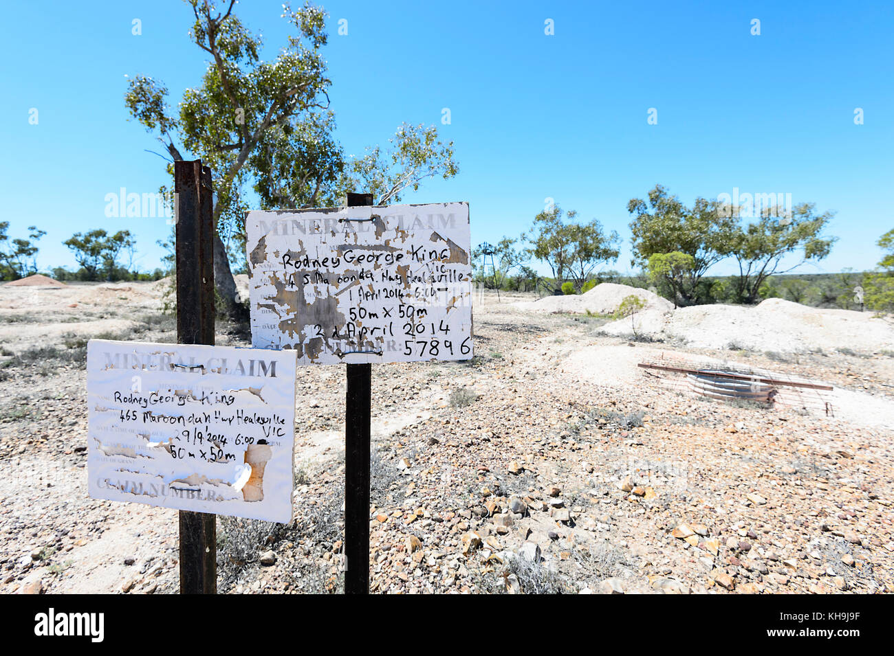 Details eines Anspruchs in Black Opal Felder in Lightning Ridge, New South Wales, NSW, Australien Stockfoto