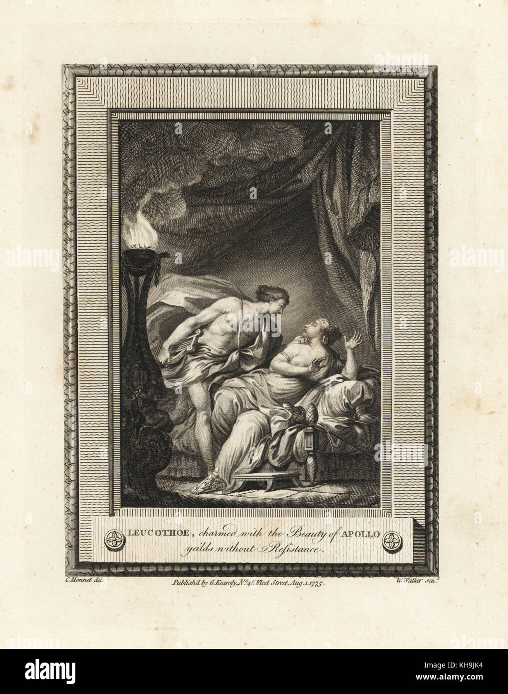 Leucothoe, bezaubert von der Schönheit der Apollo, Renditen ohne Widerstand. Kupferstich von W. Walker nach einer Illustration von C. Monnet von der Kupferplatte Magazin oder monatliche Schatz, G. Kearsley, London, 1778. Stockfoto