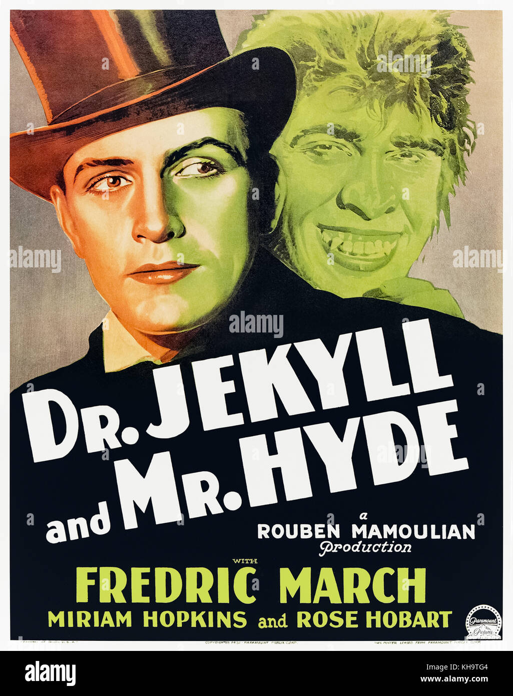 Dr. Jekyll und Mr. Hyde (1931) unter der Regie von Rouben Mamoulian und Hauptdarsteller Fredric März, Miriam Hopkins und Rose Hobart. Fredric März gewann einen Academy Award für den besten Schauspieler für seine Darstellung des Dr. Jekyll und seine unkontrollierbaren Alter Ego Mr Hyde. Stockfoto