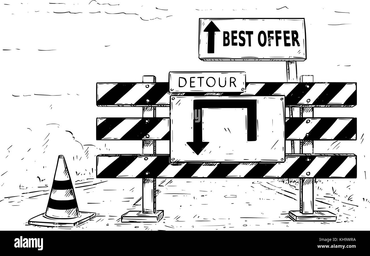 Vektor cartoon Zeichnung des Straßenverkehrs block stop Umweg mit dem besten Angebot registrieren Boards. Stock Vektor