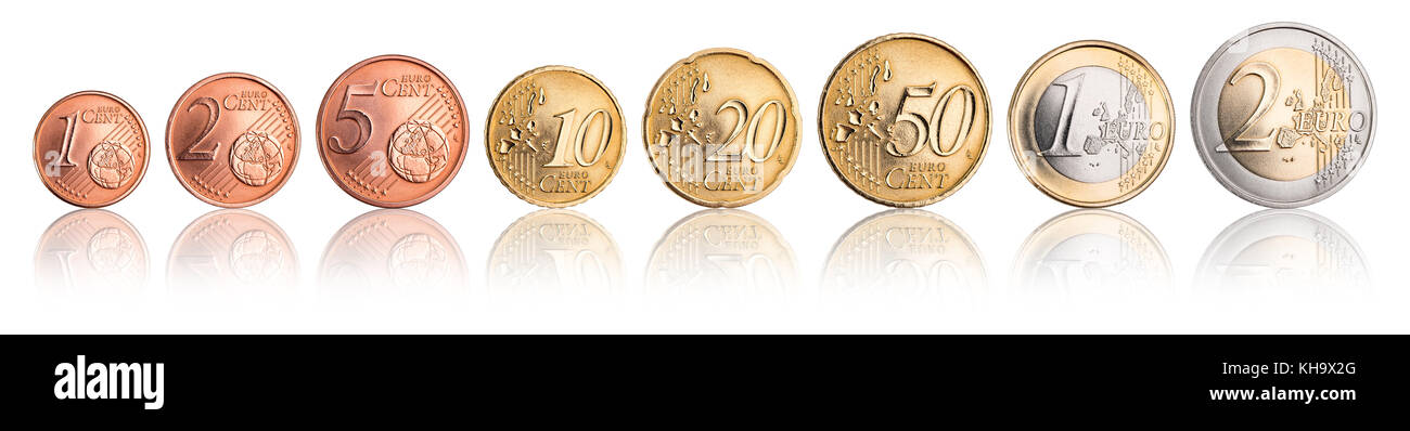 Euro und Cent Münze Währung Sammlung auf weißem Hintergrund die Europäische Union isoliert Stockfoto