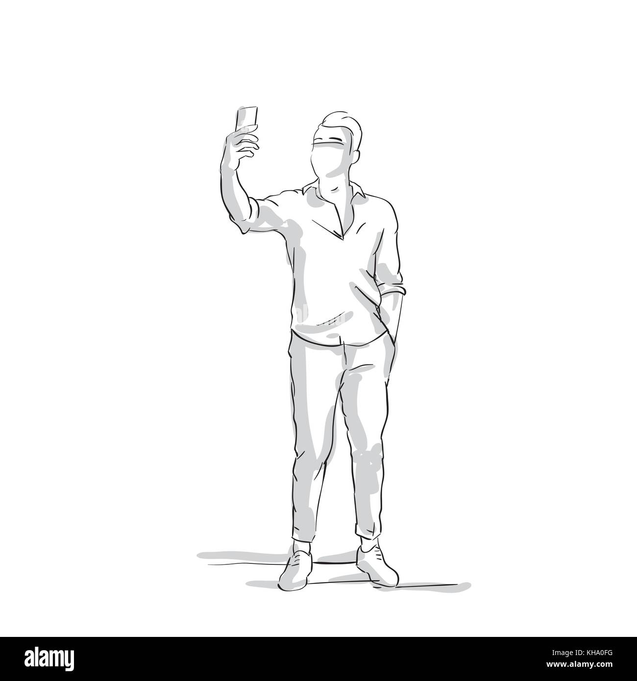 Silhouette business Mann selfie Foto Portrait, männliche Skizze halten Handy Stock Vektor
