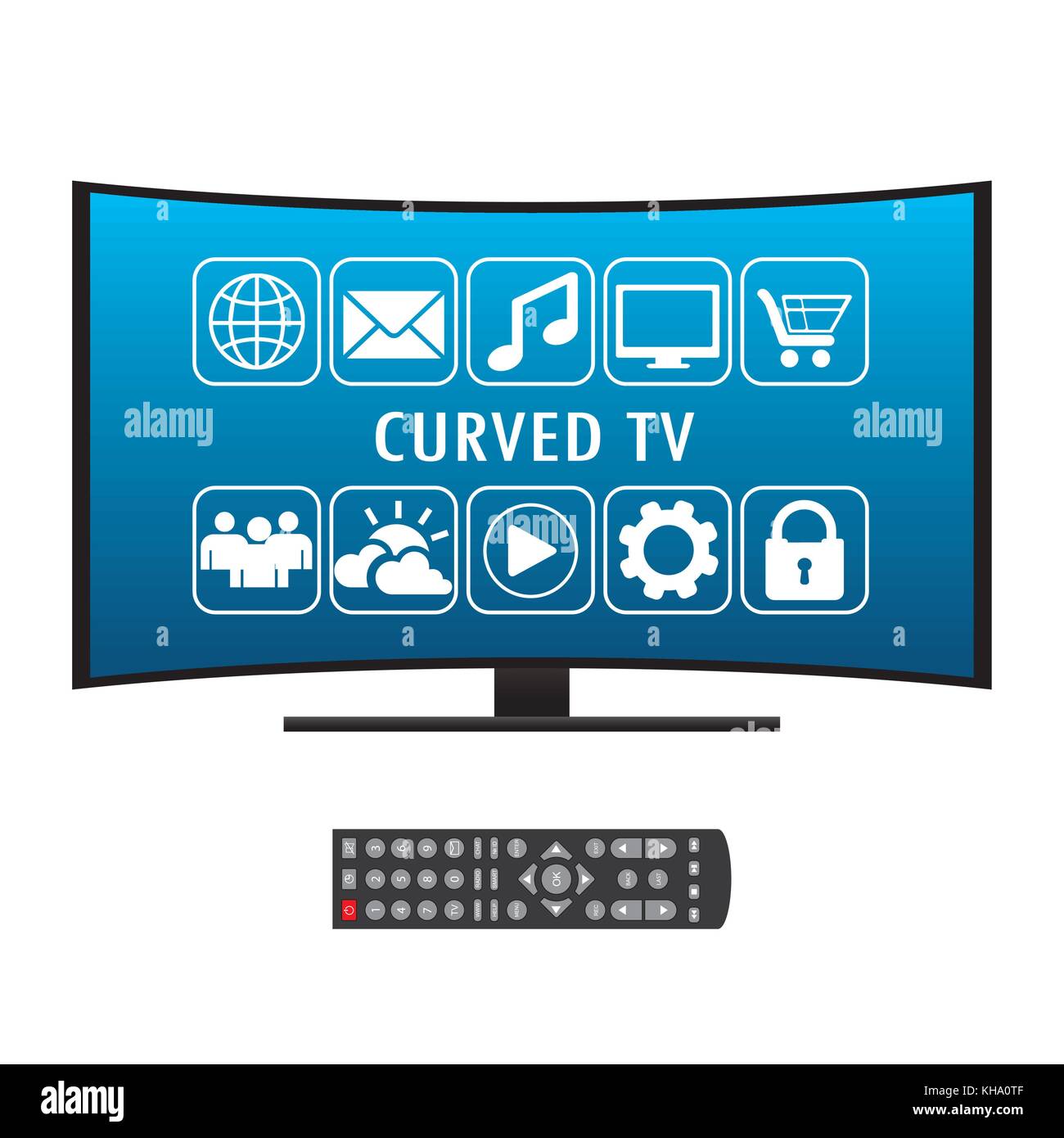 Fernbedienung und gebogenen Ultra-HD-TV, Flachbild Vector Illustration auf weißem Hintergrund Stock Vektor