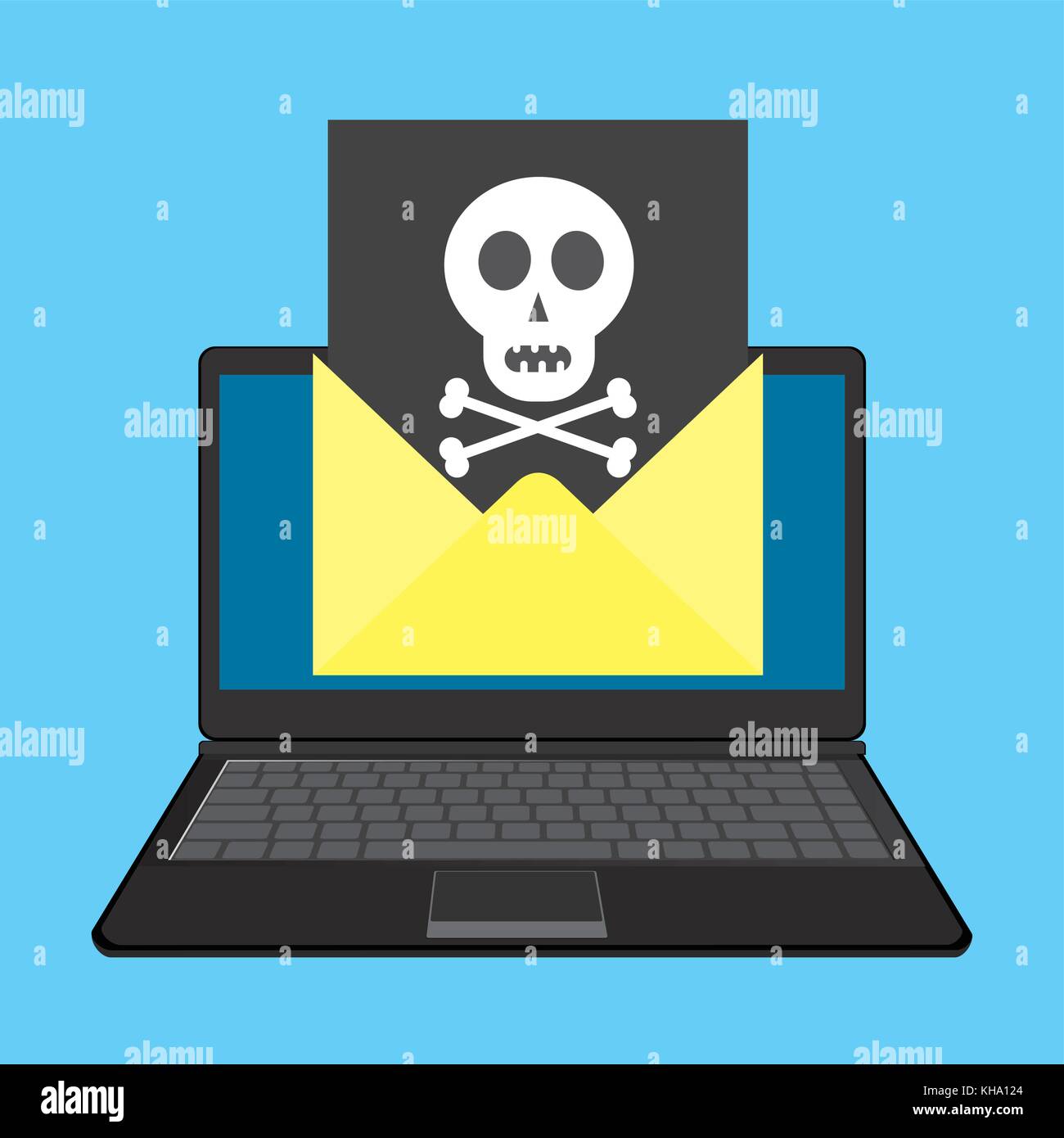 Laptop und Umschlag mit schwarzem Dokument und Totenkopf. Virus, Malware, e-Betrug, e-mail Spam, Phishing oder Hackerangriff Konzept. cartoon vecto Stock Vektor