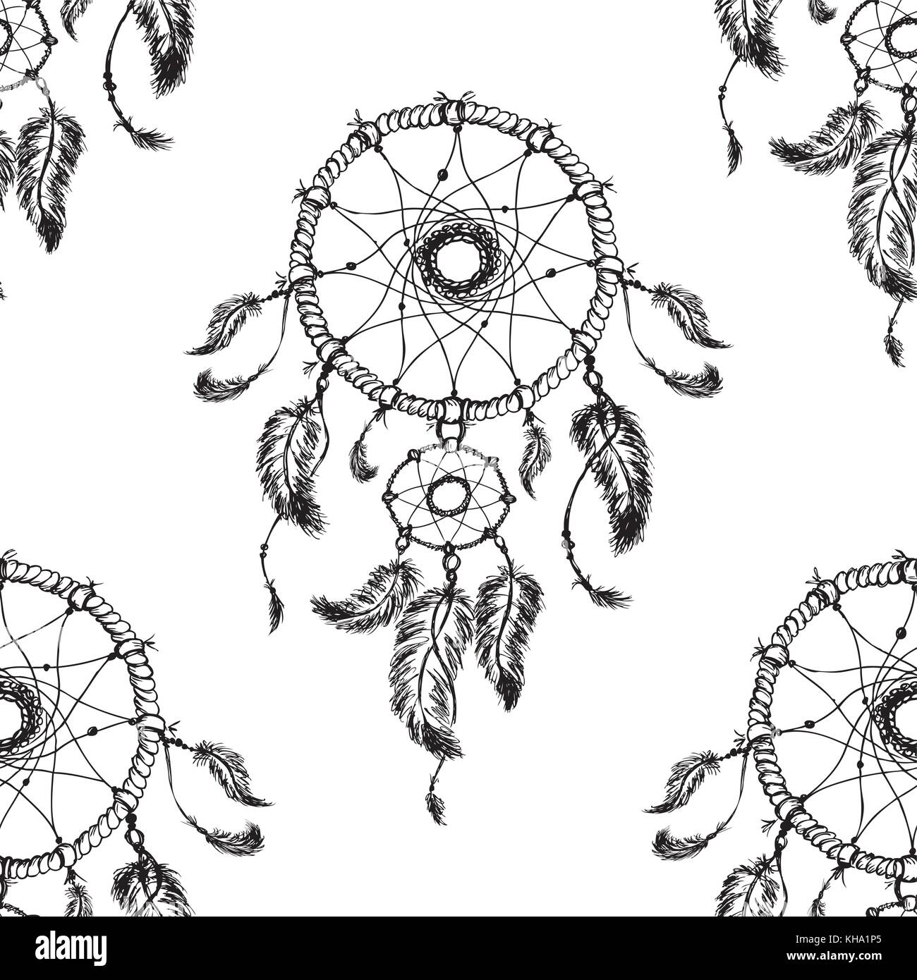 Handgezeichneten dreamcatcher mit Federn. nahtlose Muster. Ethnische Illustration, Tribal, Indianer traditionelle Symbol. Stock Vektor
