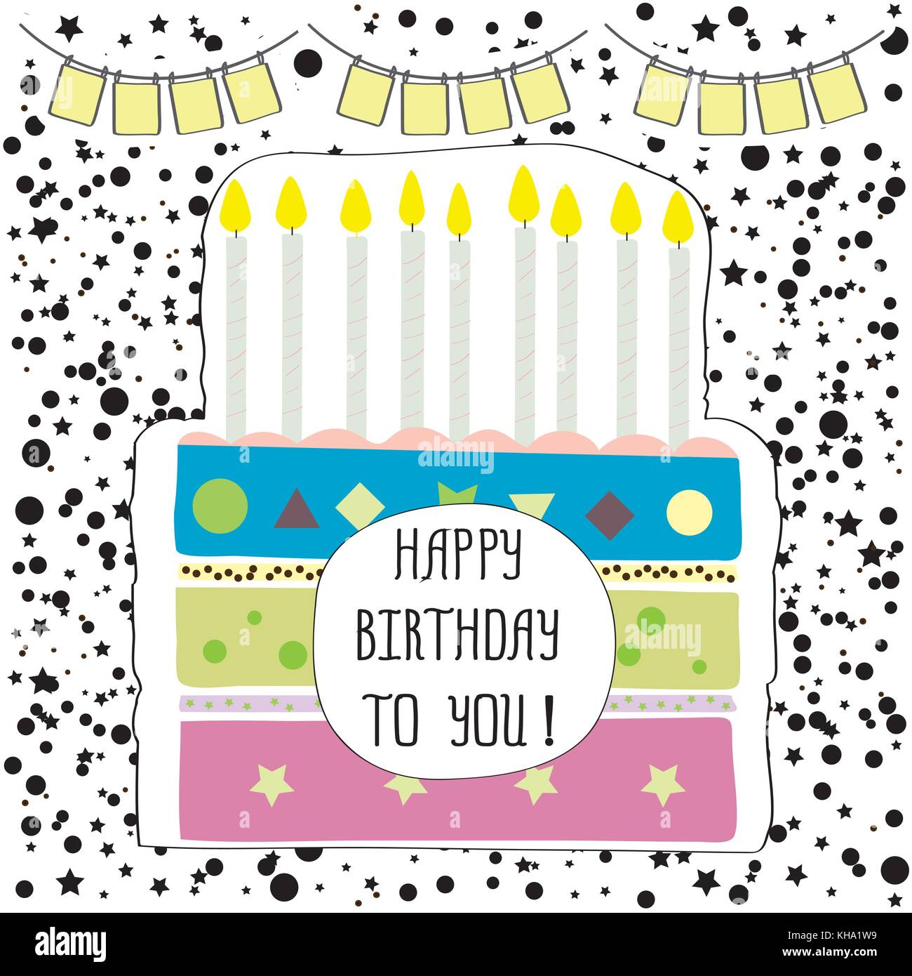 Niedliche Happy Birthday Party Karte mit Kuchen und Kerzen. Vector Illustration Stock Vektor