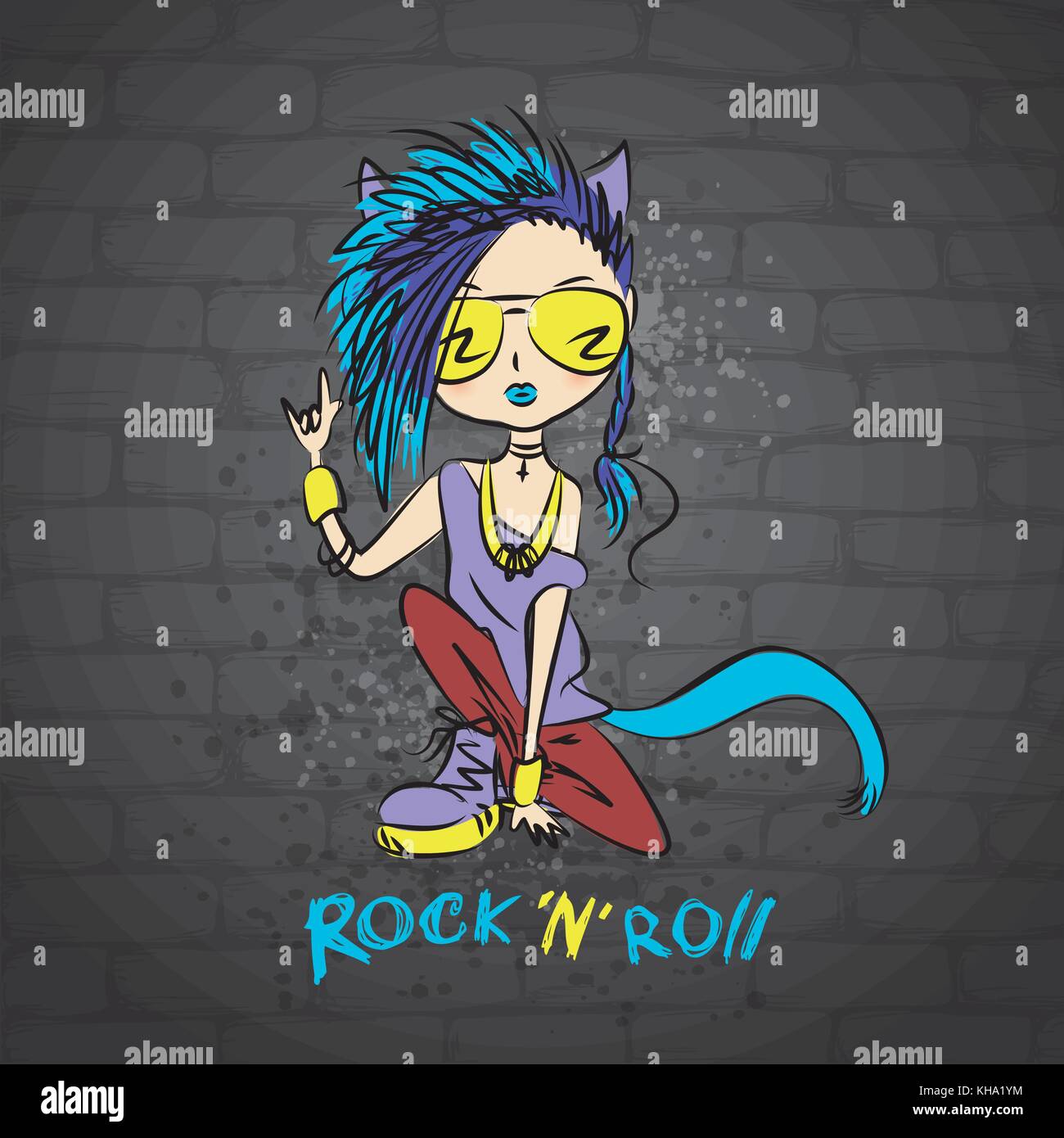 Rock Girl cat, brick wall auf Hintergrund, Vector Illustration Stock Vektor