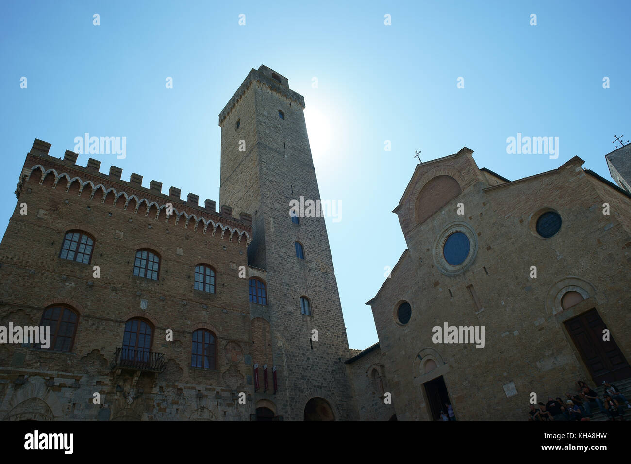 San Gimignano, collegiata e Torre Grossa, Siena, Toskana, street scene Stockfoto