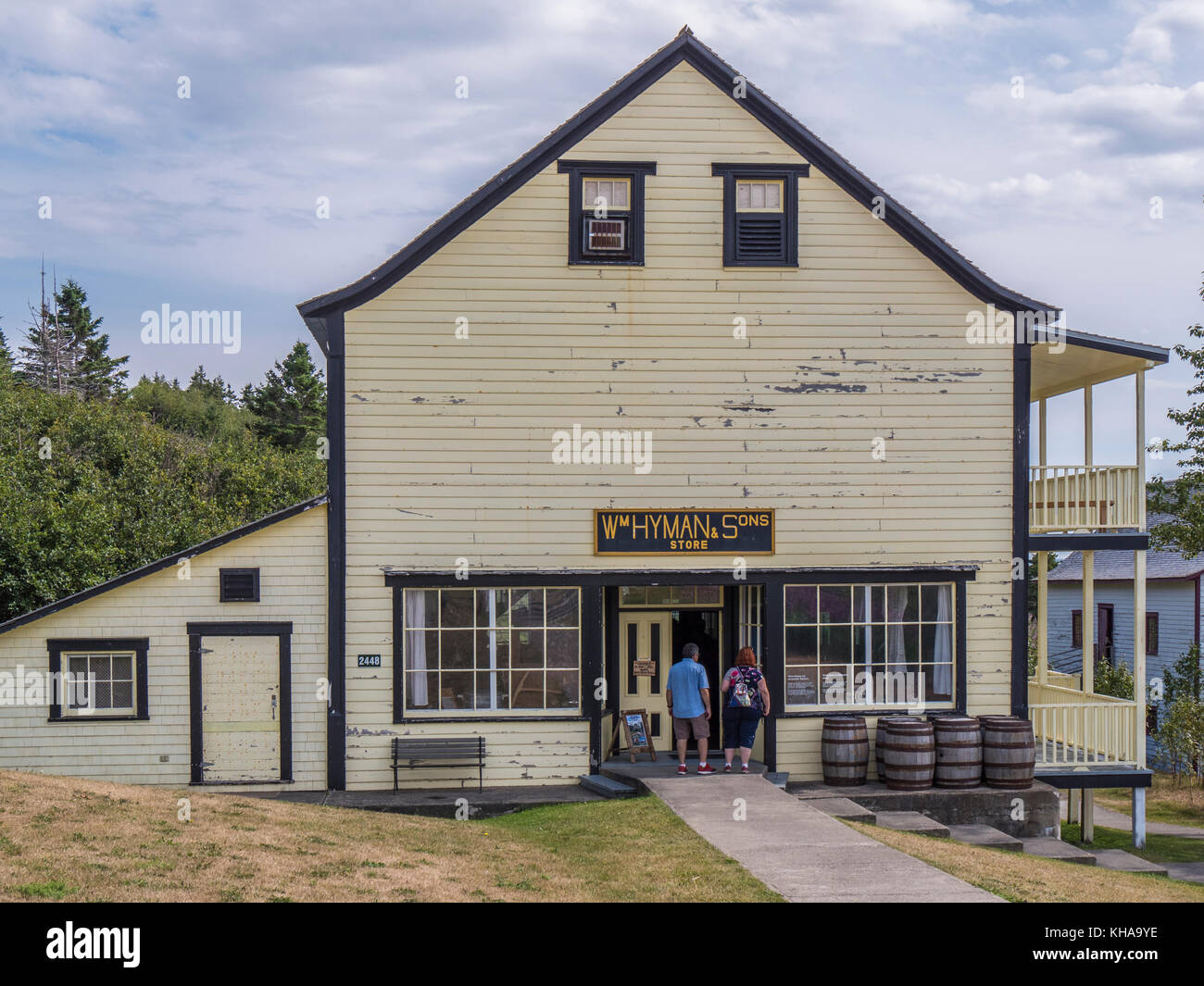 Historische Hyman Store und Lager, Forillon National Park, Gaspe Halbinsel, Kanada. Stockfoto