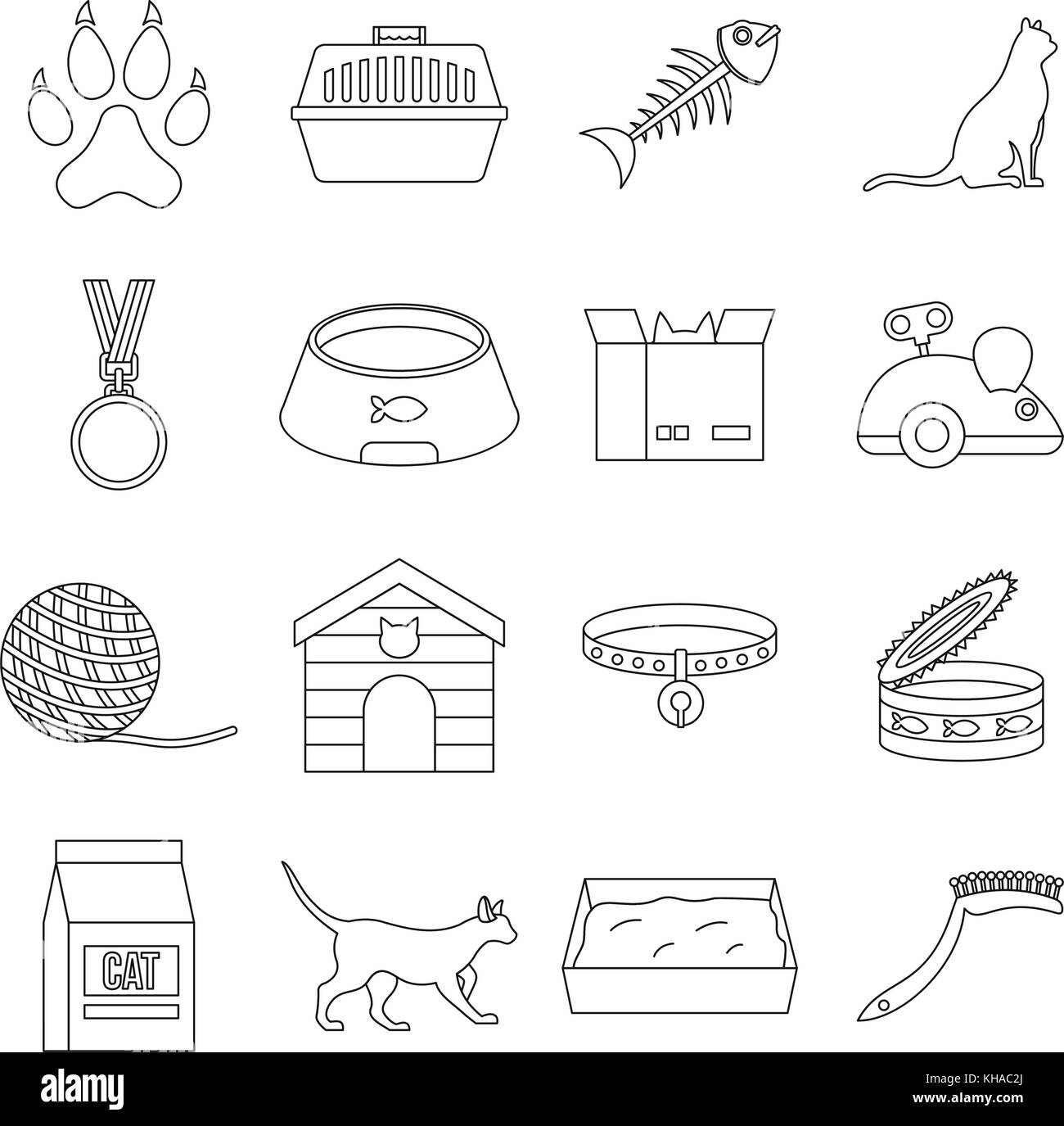 Cat Care Tools Icons Set, outline Style Stock Vektor