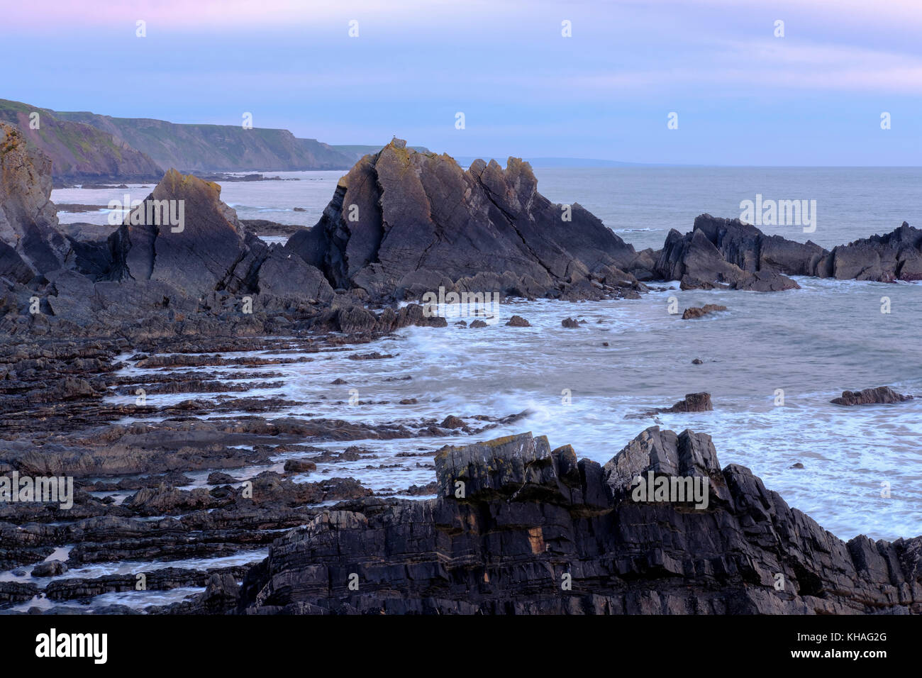 An der felsigen Küste in der Abenddämmerung, screda Punkt in der Nähe Hartland Quay, Hartland, Devon, England, Großbritannien Stockfoto
