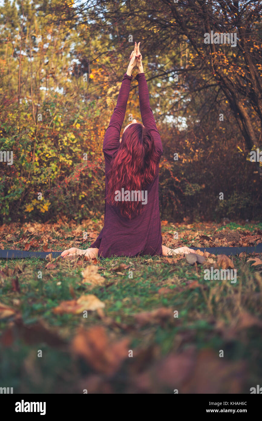 Mädchen an einem strahlenden Herbsttag Üben Yoga im Freien, Kuh Gesicht darstellen (gomukhasana) mit gerader Arme hoch, von hinten gesehen Stockfoto