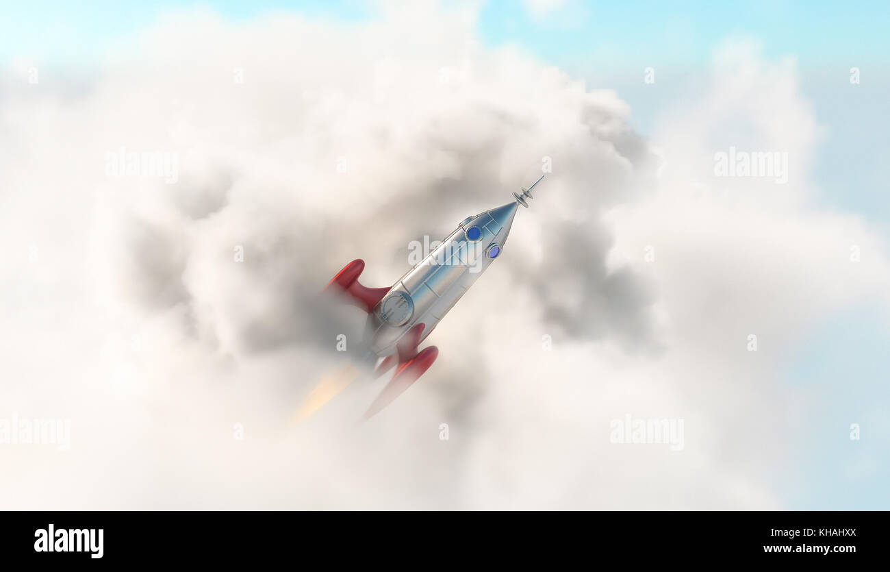 Comic Stil Rakete durch die Wolken fliegen - 3D-Rendering Stockfoto