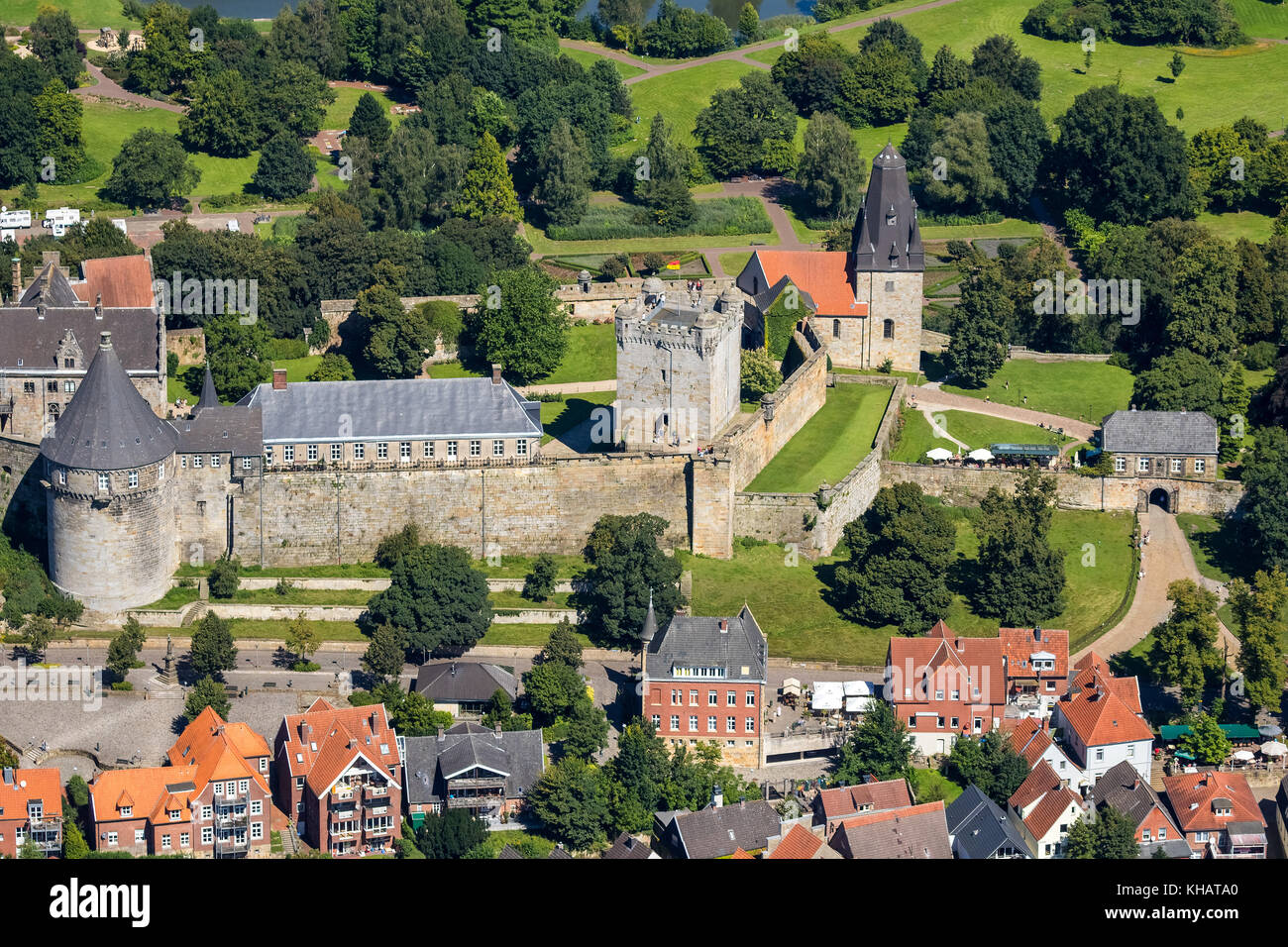 Schloss Bentheim, Pulverturm, Stadtübersicht, Schlosspark, Bad Bentheim, Niedersachsen, Deutschland, Europa, Luftaufnahme, Luftaufnahme, Luftaufnahme, Luftaufnahme Stockfoto