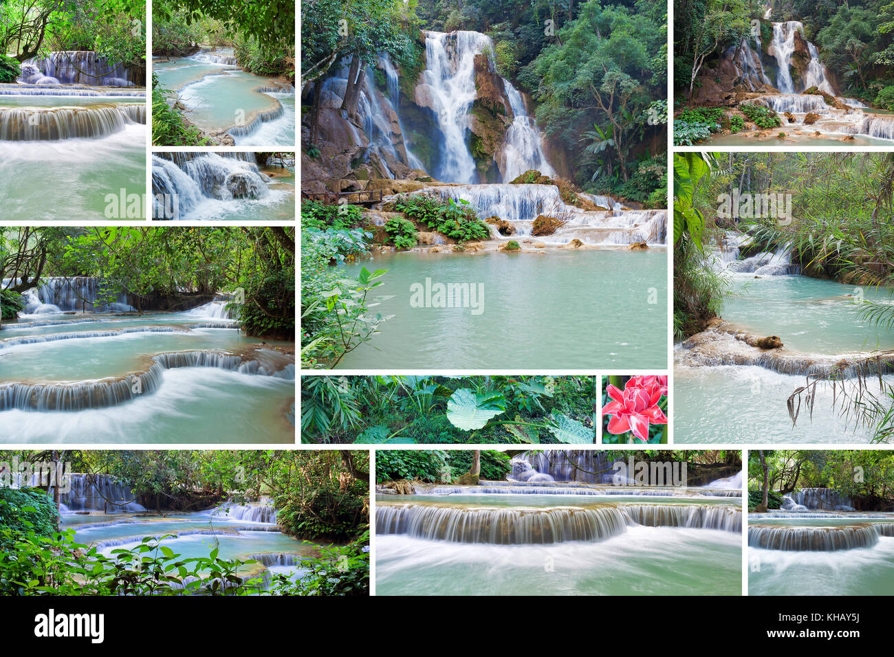 Collage des Kuang Si Wasserfall, manchmal buchstabiert Kuang Xi, ist drei Tier Wasserfall ca. 29 Kilometer (18 Meilen) südlich von Luang Prabang in Laos. Stockfoto