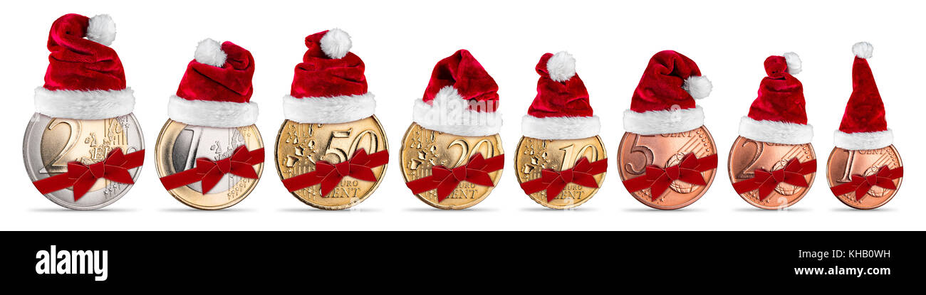 Weihnachtsgeld in Euro und Cent Münzen Konzept set Sammlung mit roten Weihnachtsmann Mütze und Band auf weißem Hintergrund die Europäische Union isoliert Stockfoto