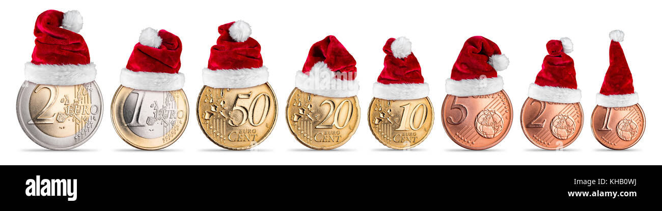 Weihnachtsgeld in Euro und Cent Münzen Konzept set Sammlung mit Santa Claus hat auf weißem Hintergrund die Europäische Union isoliert Stockfoto