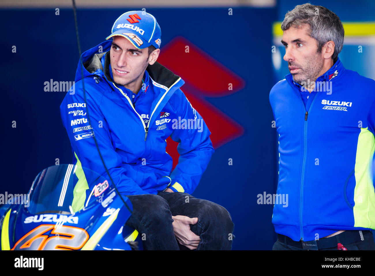 Valencia, Spanien. 15 Nov, 2017. #42 Alex Rins (Spanisch) Team Suzuki ecstar während des Tests der neuen Saison MOTOGP 2018. Circuit Ricardo Tormo Valencia, Spanien. Mittwoch, 15. November 2017. Credit: gtres información más comuniación auf Linie, s l/alamy leben Nachrichten Stockfoto