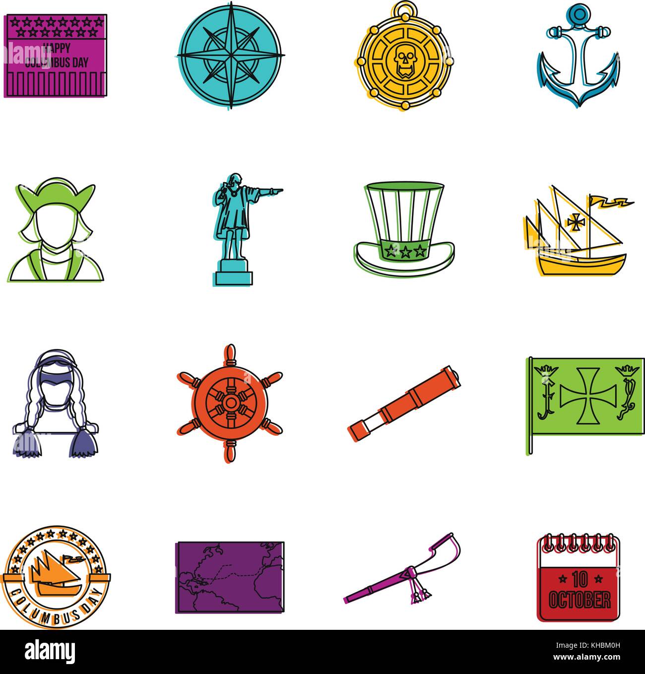 Columbus Day icons Doodle einrichten Stock Vektor