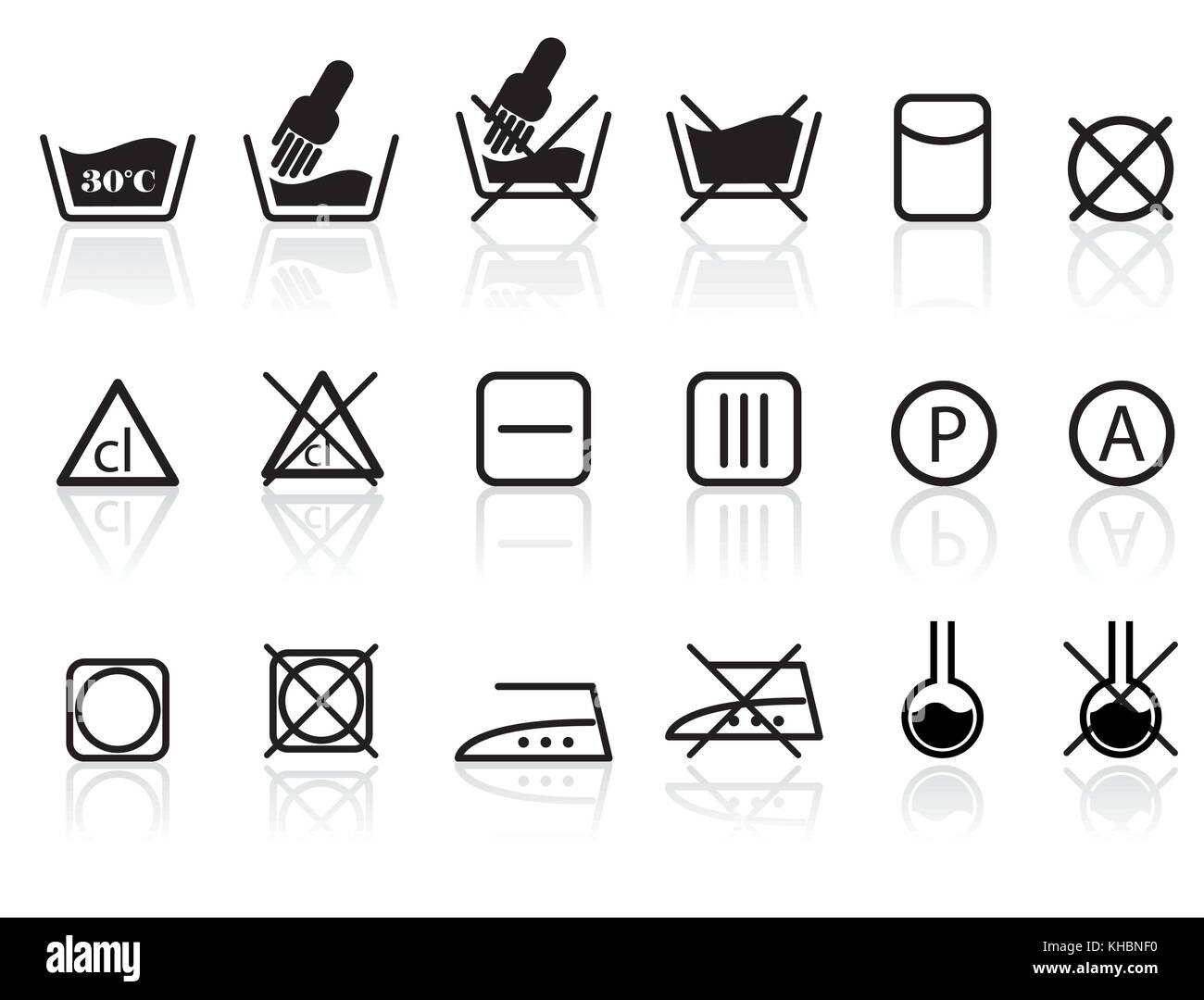 Wäsche- und Textilpflege Symbole - Vektor Icon Set Stock Vektor