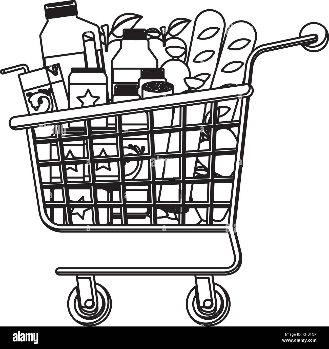 Supermarkt Einkaufswagen mit Lebensmitteln Wurst und Brot, Äpfel und  Getränke Orangensaft und Wasser Flasche und lacteal in Schwarzweiß  Silhouette Stock-Vektorgrafik - Alamy