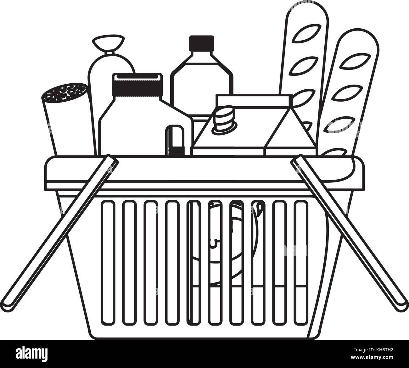 Warenkorb Mit Lebensmittel Wurst Brot Und Getranke Saft Und Wasser Flasche Und Milch Karton In Schwarzweiss Silhouette Stock Vektorgrafik Alamy