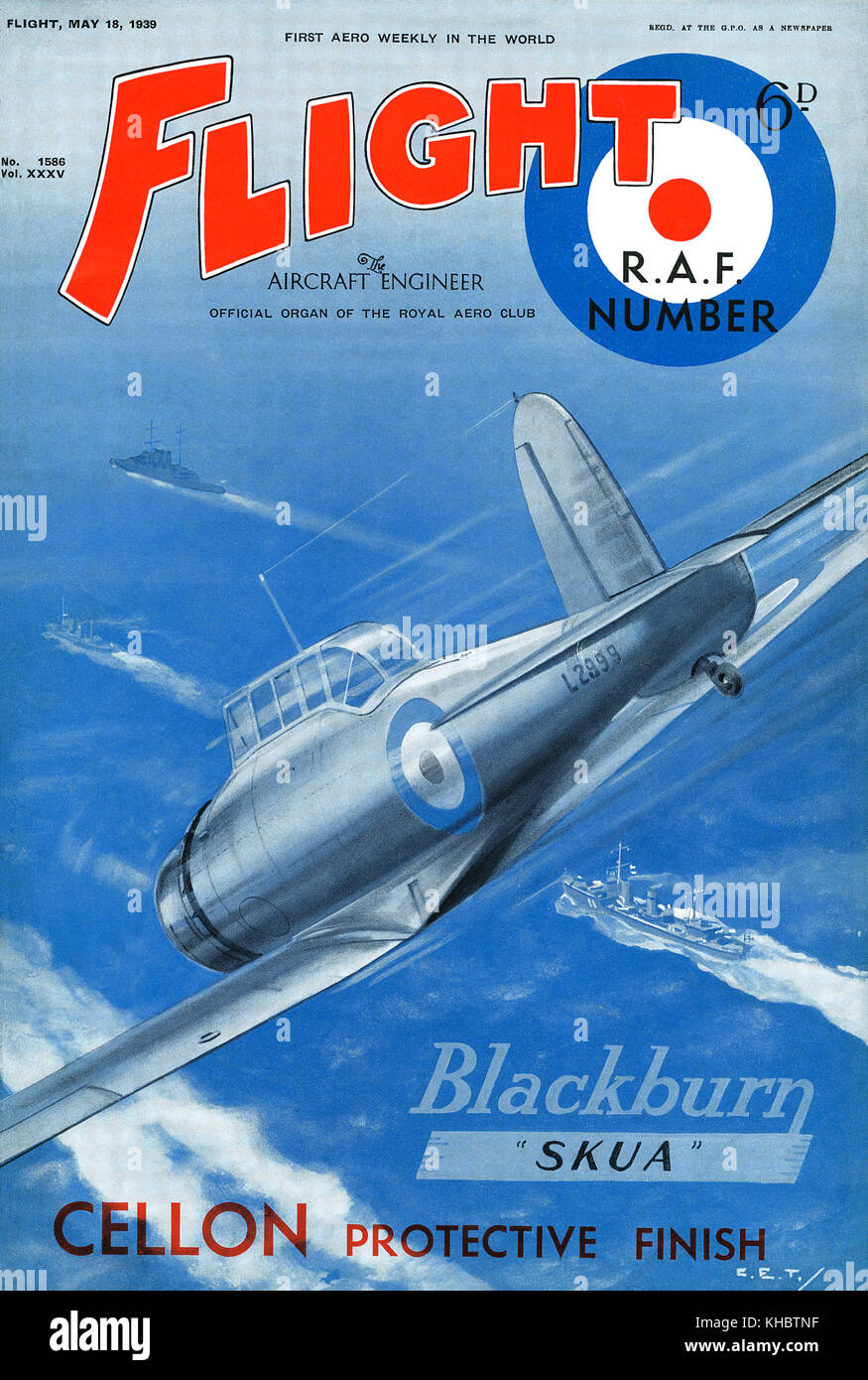 Abdeckung an der Vorderseite von Flug Magazin für den 18. Mai 1939, mit einer Werbung für Cellon Schutz beenden, da auf der Blackburn Skua Flugzeugen verwendet werden. Stockfoto
